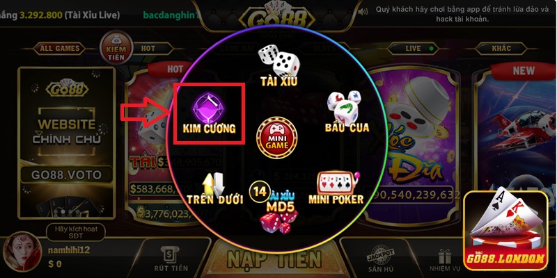 Lựa chọn biểu tượng nổ hũ kim cương dễ thấy trong minigame