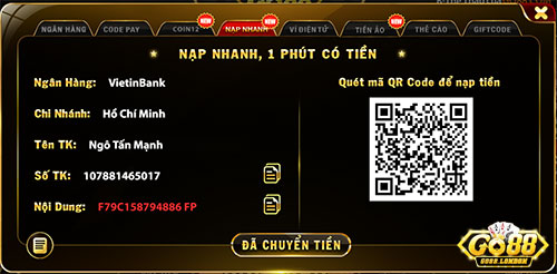 Các hình thức nạp tiền tại Go88